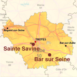 Localisation de Sainte Savine et Gyé sur Seine, autour de Troyes