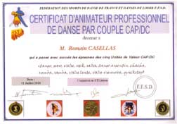 Certificat d'animateur professionnel de danse par couple décerné à Romain Casellas